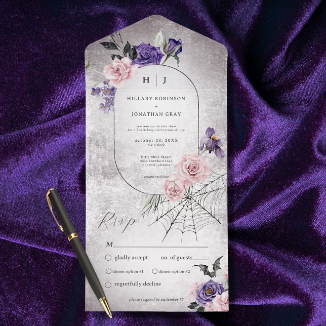 Gothic Pink & Purple Floral Halloween Dinner All In One Invitation (Also available with a QR code or without dinner selection options.)