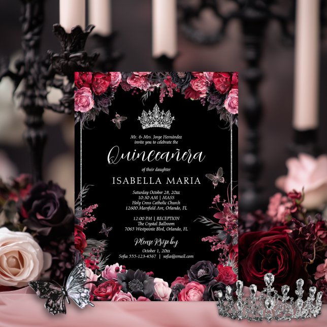 Gothic Pink Red & Black Moody Florals Quinceañera Invitation (Gothic quinceañera invitation with tiara and pink, red and black moody florals.)