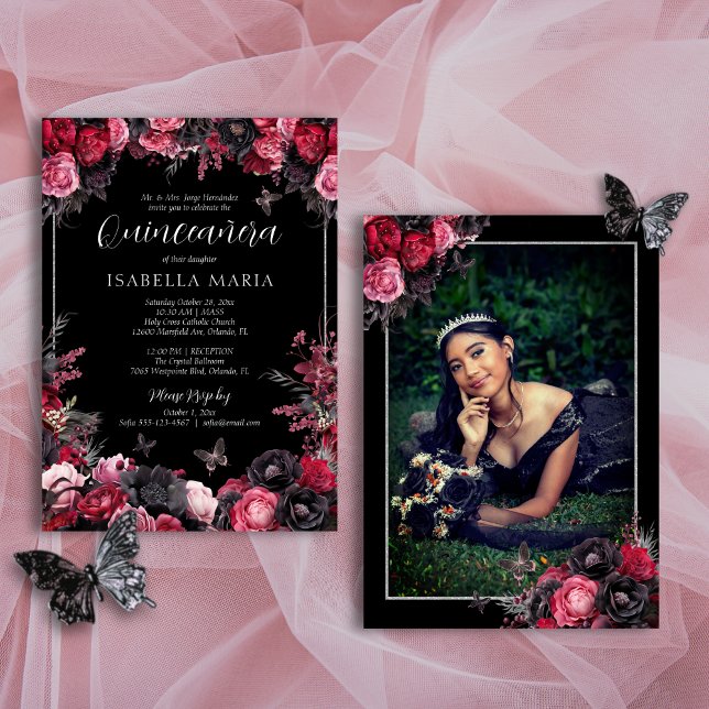Gothic Pink Red & Black Moody Florals Quinceañera Invitation (Gothic quinceañera invitation with butterflies and red, pink and black moody florals.)