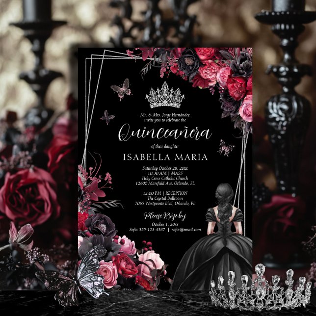 Gothic Pink Red & Black Moody Florals Quinceañera Invitation (Gothic quinceañera invitation with tiara, princess dress and pink, black and red florals.)