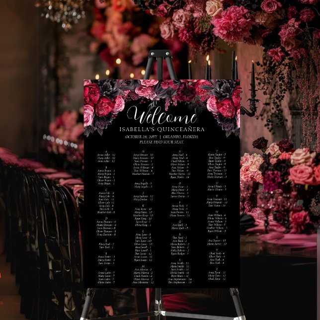 Gothic Pink Red & Black Moody Florals Quinceañera Poster (Gothic quinceañera seating chart with pink, red and black watercolor flowers.)