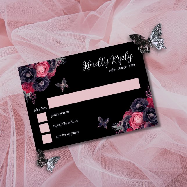 Gothic Pink Red & Black Moody Quinceañera RSVP Invitation (Gothic RSVP card for quinceañera in red, pink and black moody florals with butterflies.)