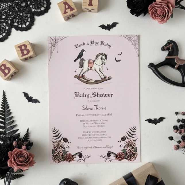 Gothic Pink Rocking Horse Rock a Bye Baby Shower Invitation (Gothic Baby Shower Invitations. Elegant Pink Floral Spooky Rocking Horse Illustration for Halloween )