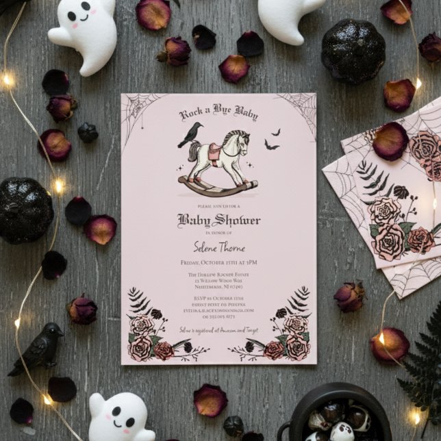 Gothic Pink Rocking Horse Rock a Bye Baby Shower Invitation (Cute Gothic Halloween Baby Shower Invitation. Rocking Horse & Roses Vintage Rock a Bye Baby Shower)