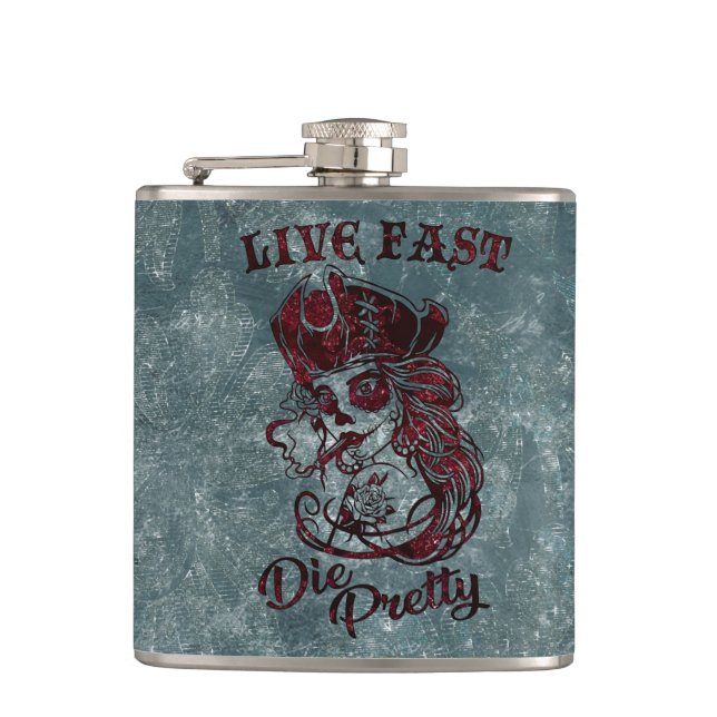 Gothic Pirate Skull Woman Live Fast Die Pretty Hip Flask (Front)