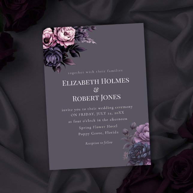 Gothic Plum Floral Wedding Invitation (Gothic Plum Floral Wedding Invitation on a gothic wedding table with dark roses)