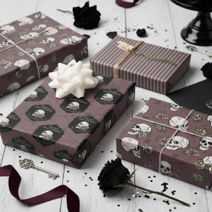 Gothic Plum Purple Skulls and Stripes Halloween Wrapping Paper Sheet