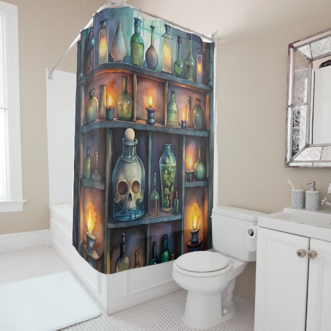 Gothic Potion Bottles – Dark Apothecary Shower Curtain (In Situ)