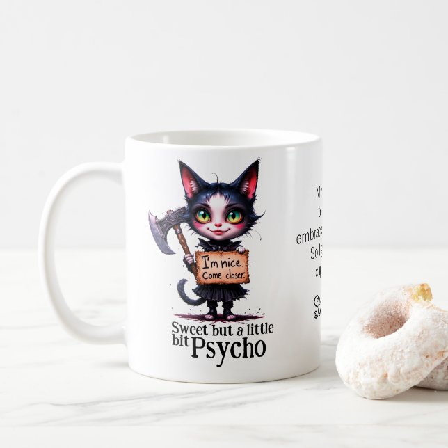 Gothic Psycho Cute Cat With Axe  Coffee Mug (With Donut)