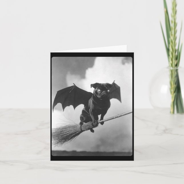 Gothic Pug With Bat Wings Witch Broom Spooky Card (Front)