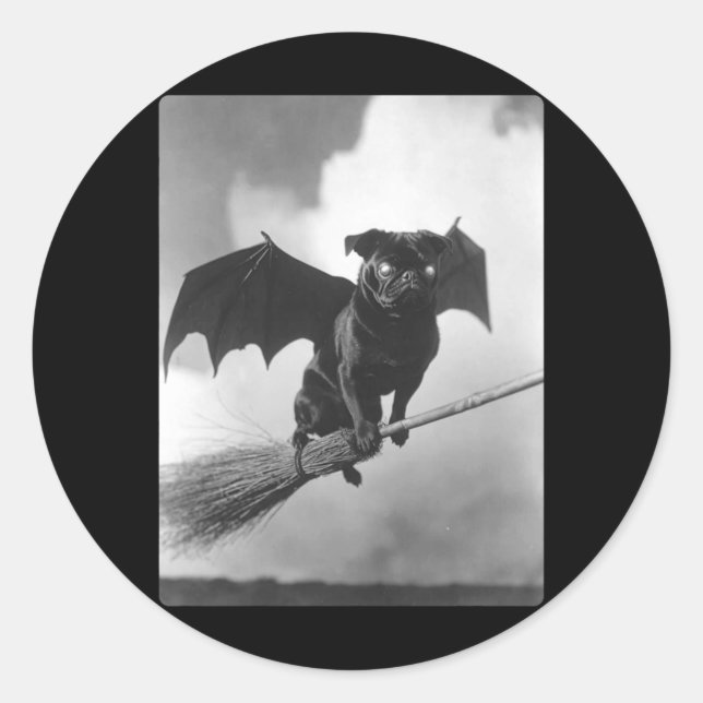 Gothic Pug With Bat Wings Witch Broom Spooky Classic Round Sticker (Front)