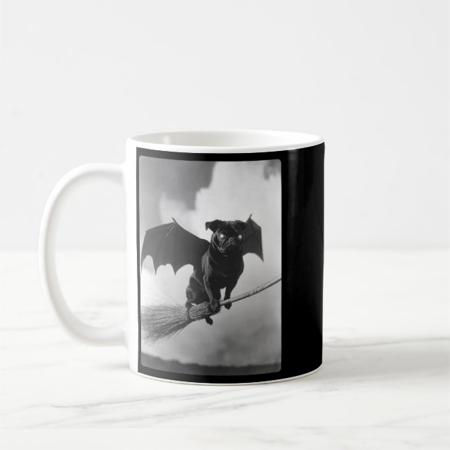 Gothic Pug With Bat Wings Witch Broom Spooky Coffee Mug (Left)