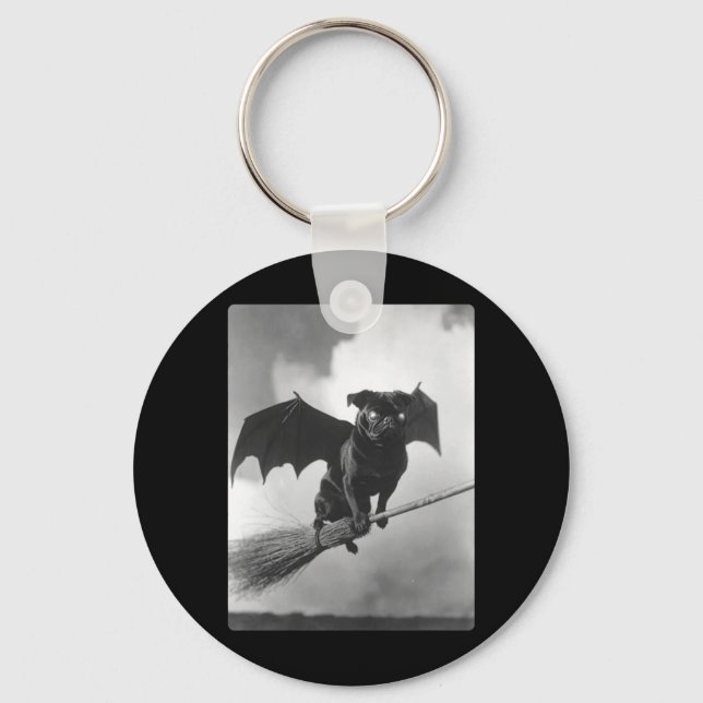 Gothic Pug With Bat Wings Witch Broom Spooky Key Ring (Front)