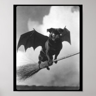 Gothic Pug With Bat Wings Witch Broom Spooky Poster