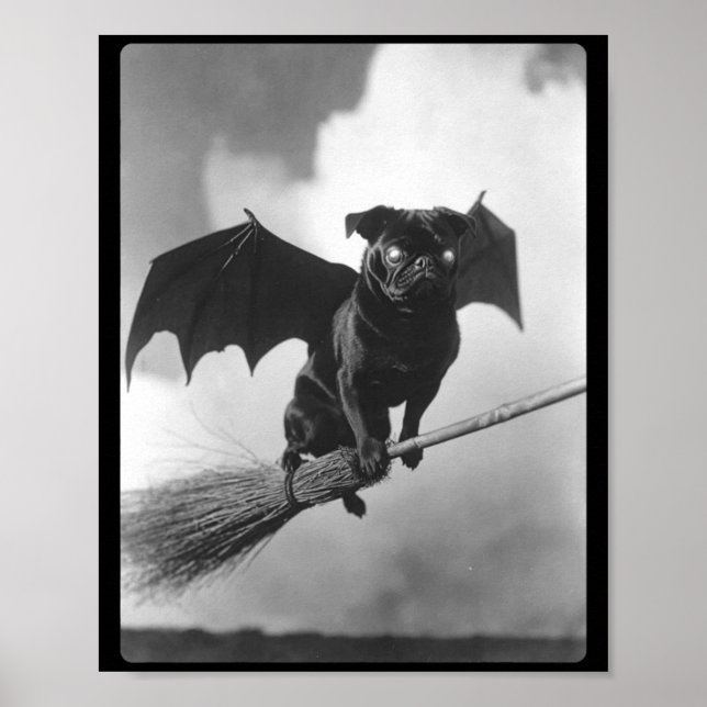 Gothic Pug With Bat Wings Witch Broom Spooky Poster (Front)