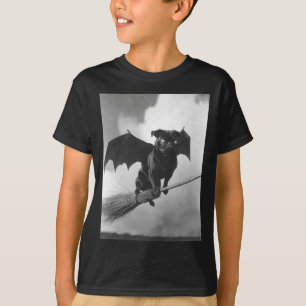 Gothic Pug With Bat Wings Witch Broom Spooky T-Shirt