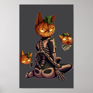 Gothic Pumpkin Head Skeleton Cat Halloween Poster