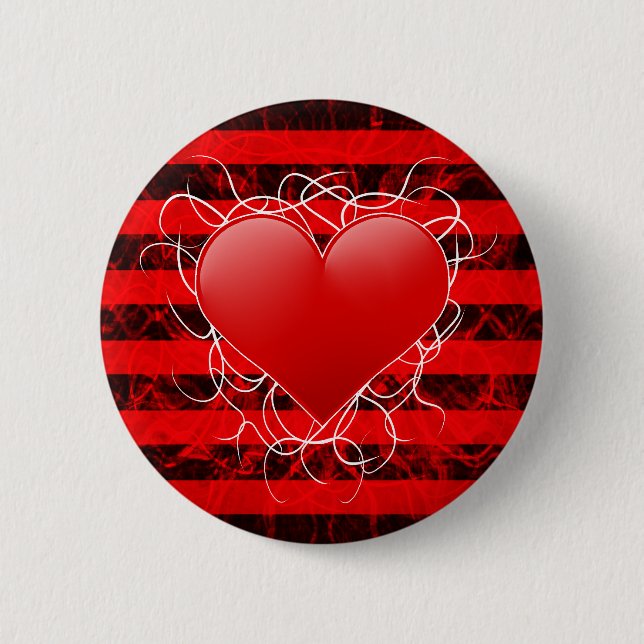 Gothic punk emo red heart with black stripes 6 cm round badge (Front)