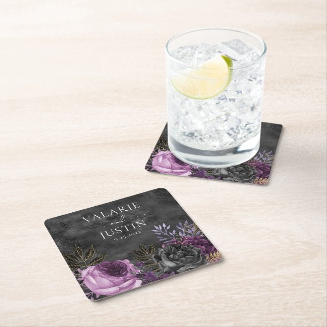 Gothic Purple and Black Floral Wedding Square Paper Coaster (Insitu)