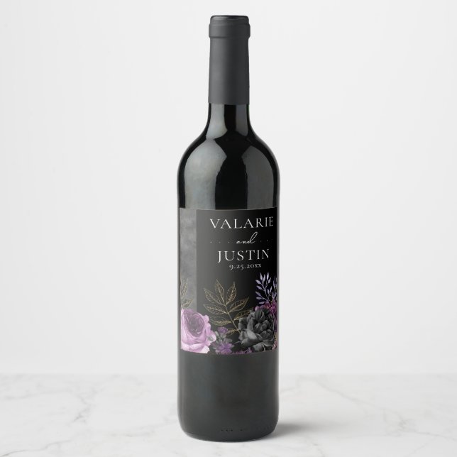 Gothic Purple and Black Floral Wedding Wine Label (Front)