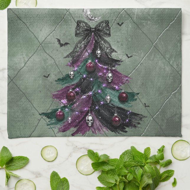 Gothic Purple And Black Halloween Tree Tea Towel (Folded)