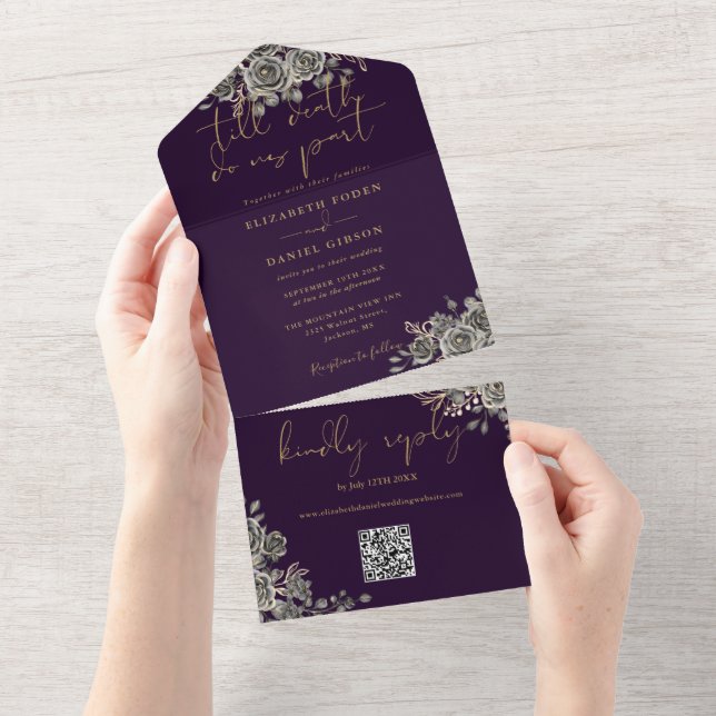 Gothic Purple And Gold Roses QR Code Wedding All In One Invitation (Tearaway)