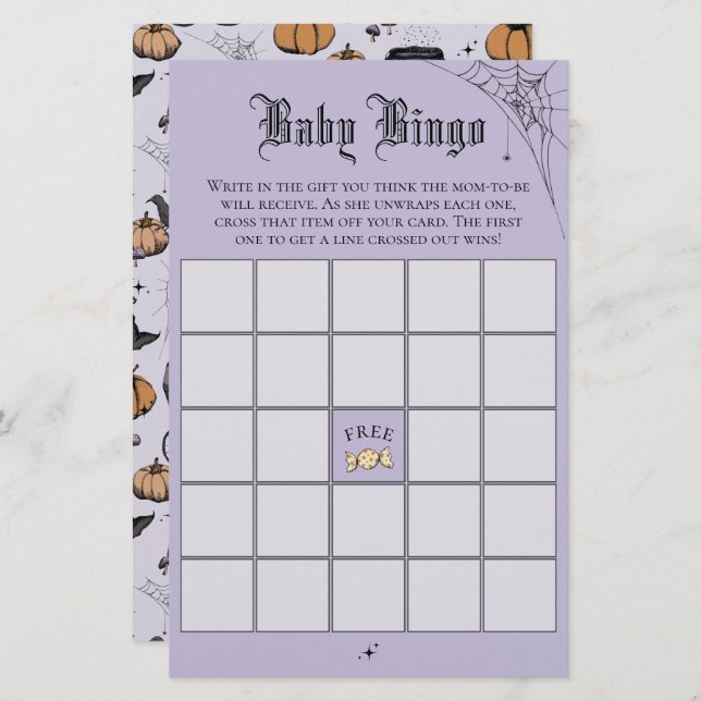 Gothic Purple Baby Bingo Baby Shower Game (Front/Back)