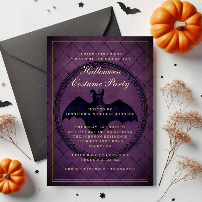 Gothic Purple Bat Halloween Costume Party Gold (Gothic Purple Bat Halloween Costume Party Gold Foil Invitation)