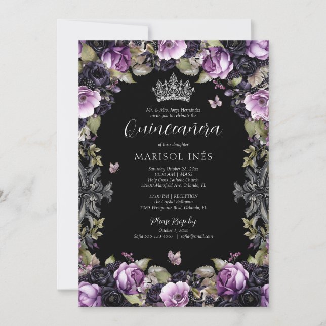 Gothic Purple & Black Moody Florals Quinceañera Invitation (Front)