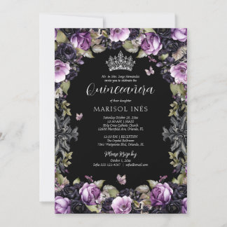 Gothic Purple & Black Moody Florals Quinceañera Invitation