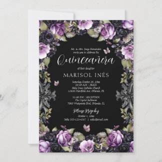 Gothic Purple & Black Moody Florals Quinceañera Invitation