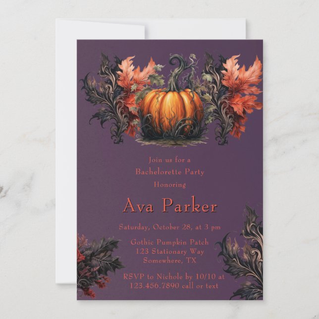 Gothic Purple Black Pumpkin Bachelorette Party Invitation (Front)
