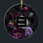 Gothic Purple Floral Bouquet on Lace with Ravens Ceramic Tree Decoration<br><div class="desc">This ornament is perfect for a modern elegant Gothic wedding. The moody floral design features a natural bouquet of purple flowers in a luxurious arrangement on a dark purple and black lace background with two ravens.

You can personalise with your first names</div>