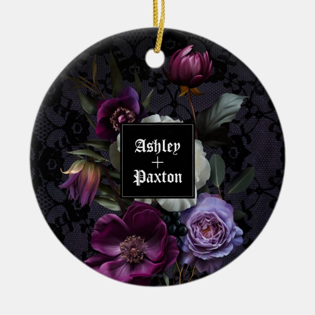 Gothic Purple Floral Bouquet on Lace with Ravens Ceramic Tree Decoration (Front)