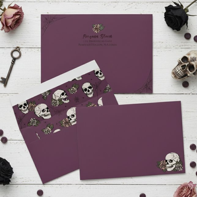 Gothic Purple Floral Skulls Halloween Envelope (Gothic Floral Skull Envelopes. Elegant Dark Purple Hallowedding Vintage Skulls & Roses for Bride)