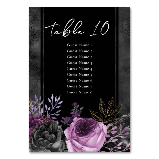 Gothic Purple Floral Wedding Table Number List (Front)