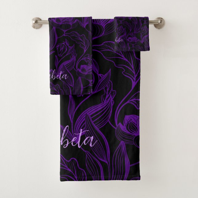 Gothic Purple Flowers On Black  Bath Towel Set (Insitu)
