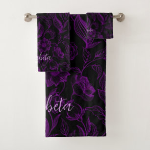 Gothic Purple Flowers On Black  Bath Towel Set