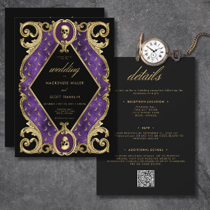 Gothic Purple & Gold Skull Frame Two Sided Invitation