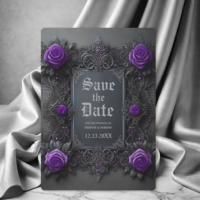 Gothic Purple Grey Floral Wedding Save the Date (Gothic Wedding Save the Date with purple roses on a dark gray background.)