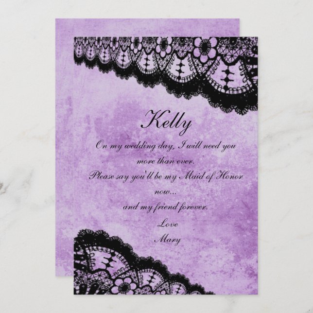 Gothic Purple Grunge Black Lace Maid Of Honour Invitation (Front/Back)