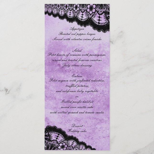Gothic Purple Grunge Black Lace Wedding Menu (Front)