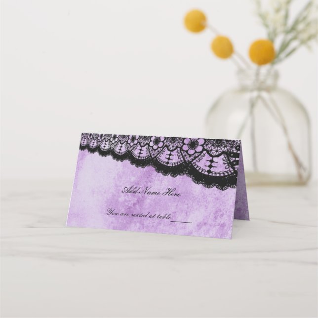 Gothic Purple Grunge Black Lace Wedding Place Card (Front)