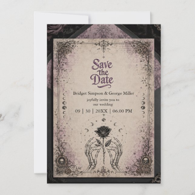 Gothic Purple Mediaeval Rose Skull Moon Wedding Invitation (Front)