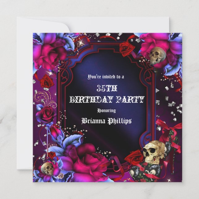 Gothic Purple Red Roses Skulls Bling Invitation (Front)