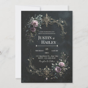 Gothic Purple Rose Gold Filigree Wedding Invitation