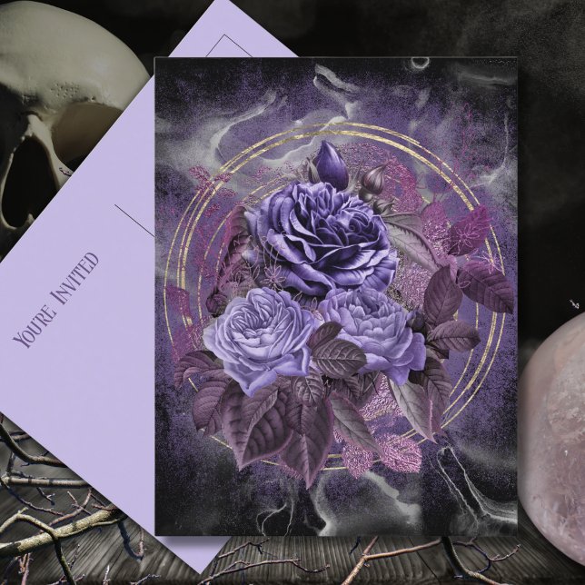 Gothic Purple Roses You're Invited Postcard (Creator Uploaded)