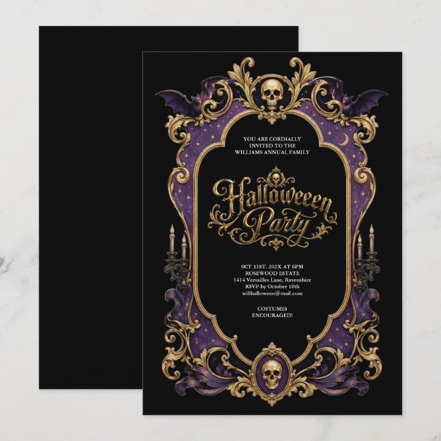 Gothic Purple Skull Halloween Party Invitation (Front/Back)