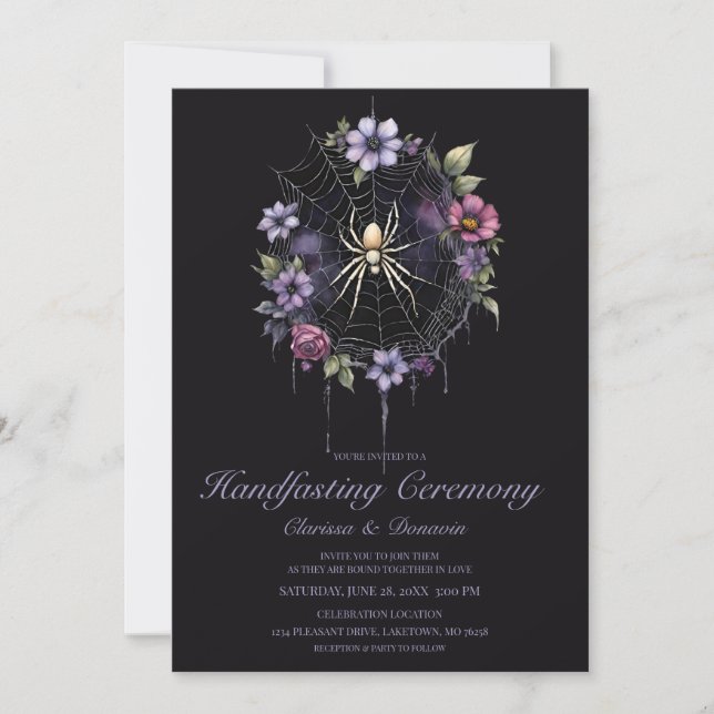 Gothic Purple Spider Floral Web Handfasting Invitation (Front)