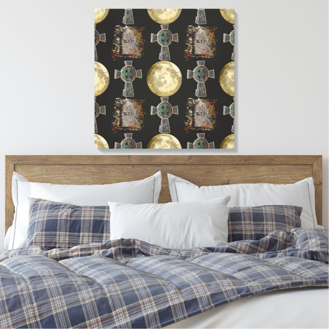 Gothic R.I.P. Headstone Celtic Cross Full Moon Art Canvas Print (Insitu(Bedroom))